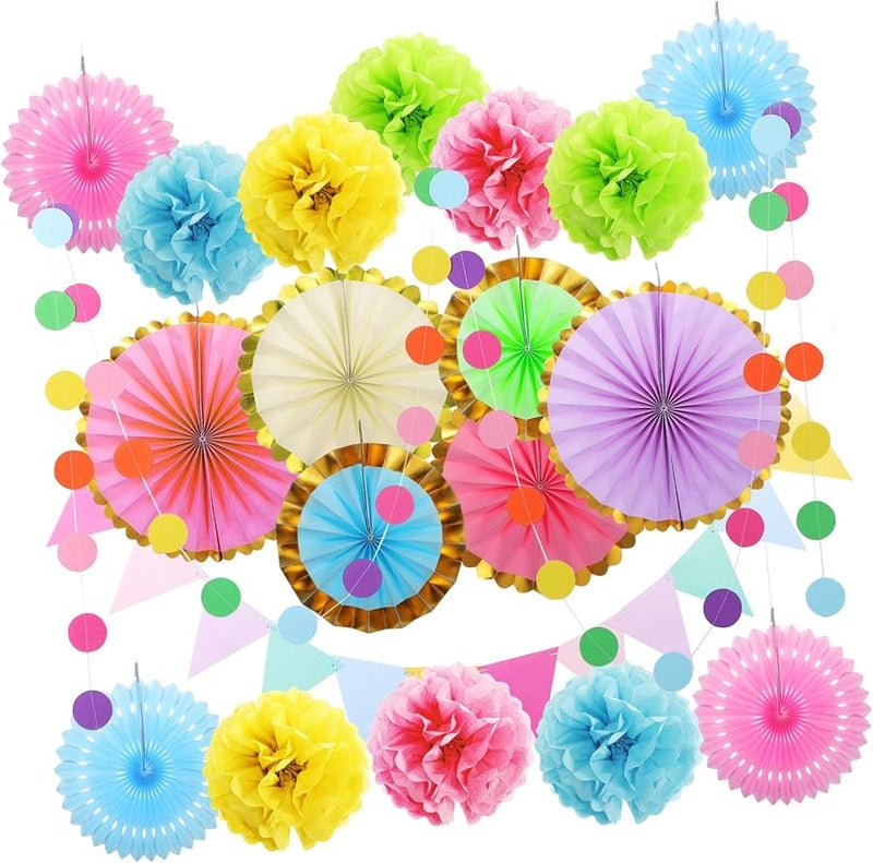 مجموعة زينة حفلة باستيل مع بوم بوم من ورق المناديل ومراوح ولافتات لعيد الميلاد والفصل الدراسي - Image 1